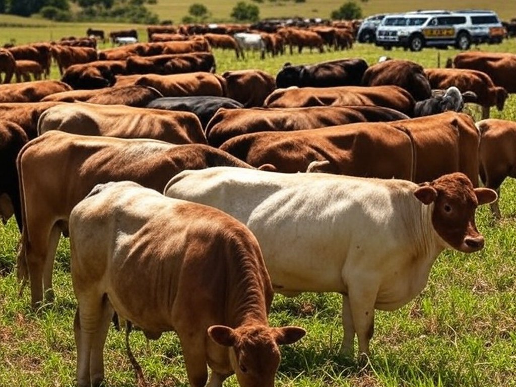 Rebanho de bovinos recuperados pela polícia em campo no RS, com viaturas ao fundo, ilustrando desmantelamento de esquema de roubo e fraude.
