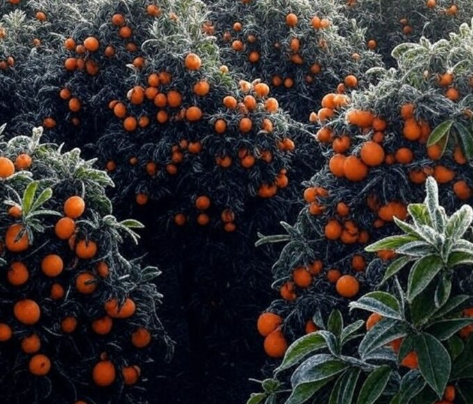 Plantação de laranjas no Brasil afetada por onda de frio intenso, com geada nas árvores e frutos.