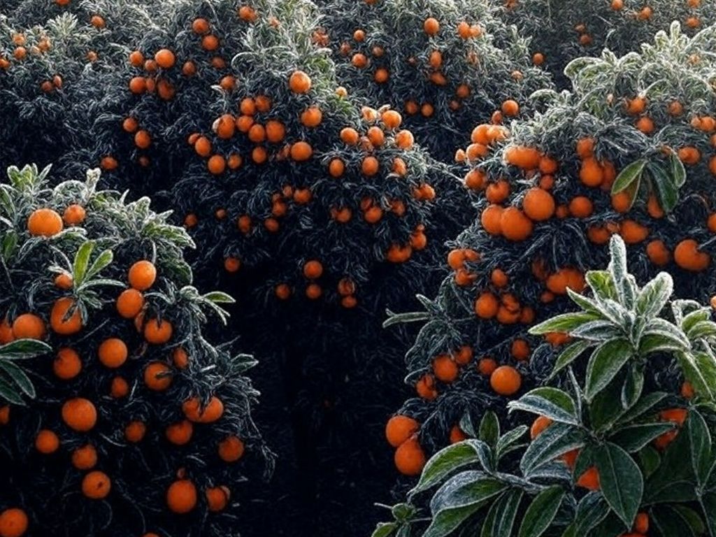 Plantação de laranjas no Brasil afetada por onda de frio intenso, com geada nas árvores e frutos.
