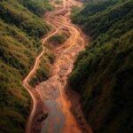 Vista aérea da região afetada pela barragem de Brumadinho, com áreas em reparação ambiental pela Vale.