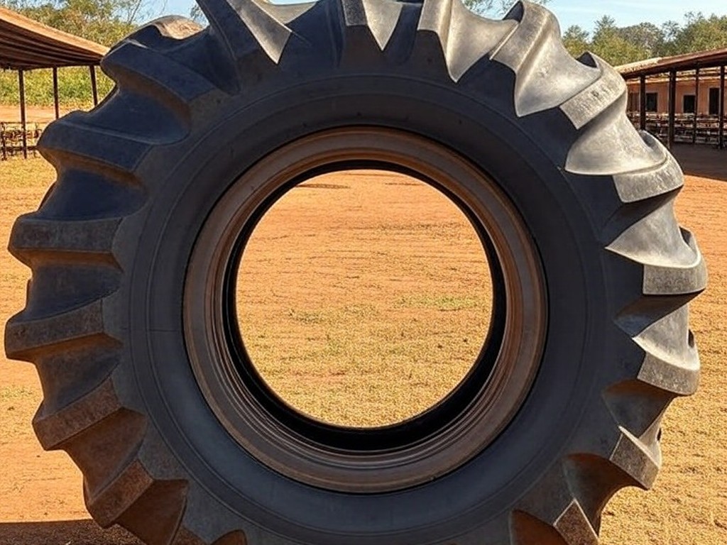 Maior pneu agrícola da América Latina exposto em feira no Paraná, Brasil.