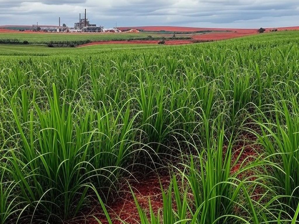 Plantação de cana-de-açúcar no Centro-Sul do Brasil, com usina ao fundo, representando queda na moagem em janeiro de 2024.