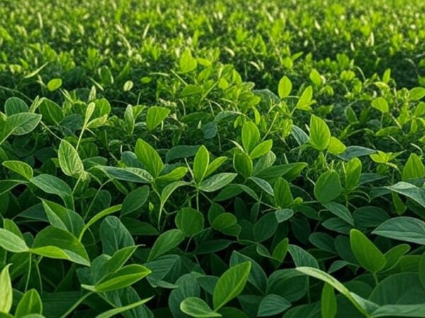 Plantação de soja sustentável no Brasil, destacando o Programa Soja de Baixo Carbono no Showtec 2024 pela Embrapa.