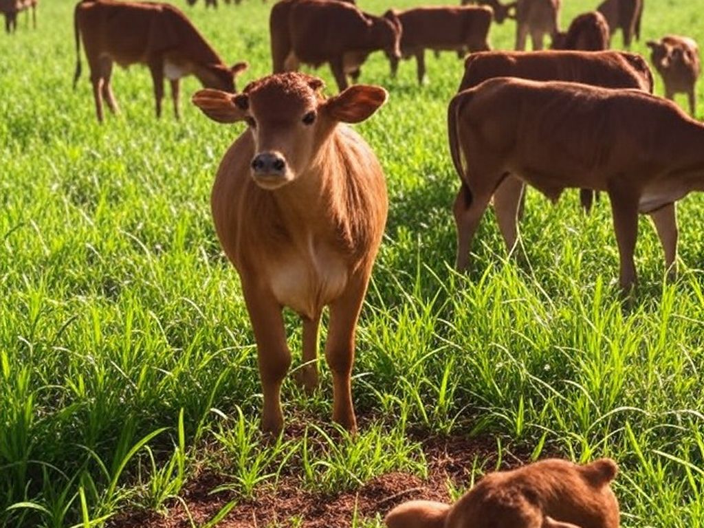Rebanho de bezerros em fazenda brasileira, ilustrando preço recorde de R$ 14,88 por quilo.