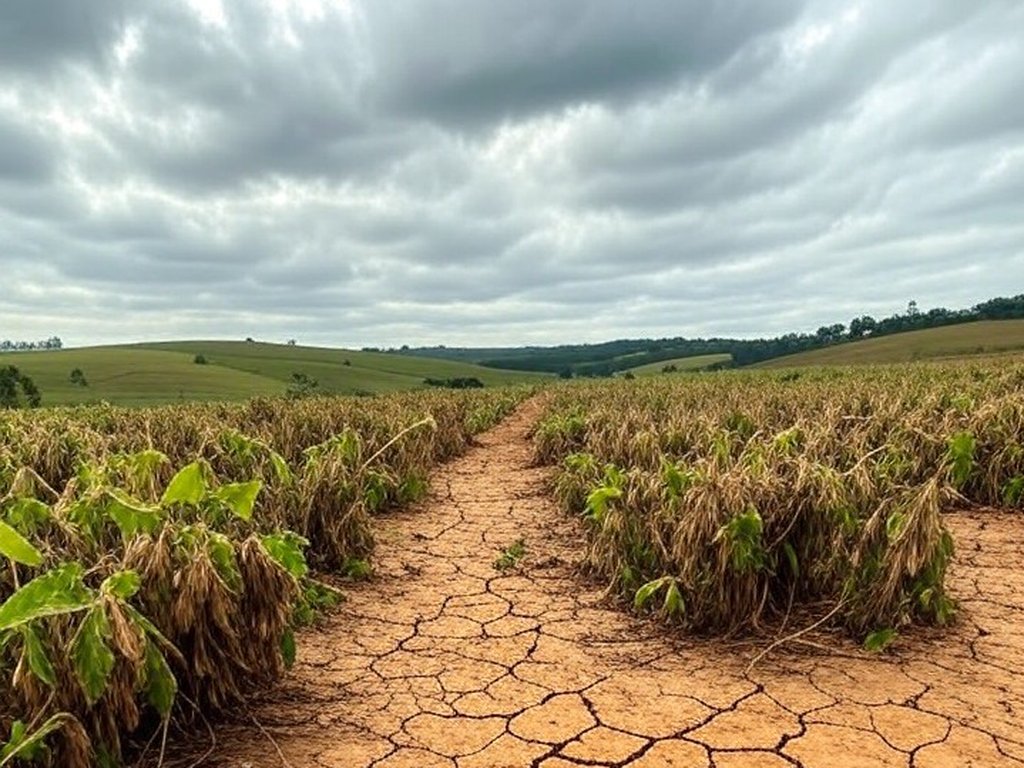 Plantação de soja afetada pela seca no interior do Brasil, ilustrando impactos climáticos em produtores rurais.