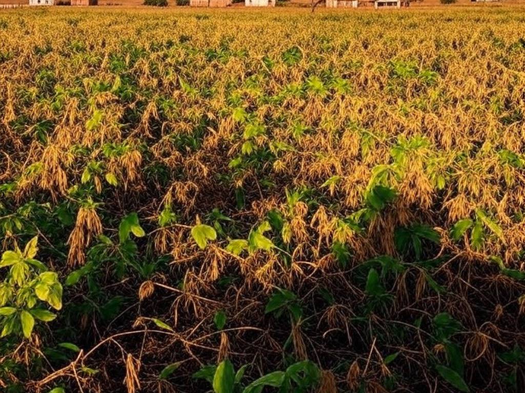 Paisagem rural no Tocantins com terras de assentamentos para reforma agrária, campos cultivados e casas simples no cerrado.