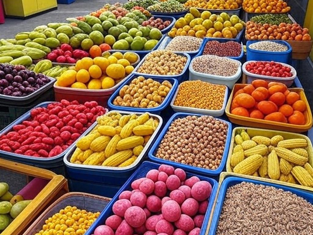 Feira de alimentos no Brasil com frutas, vegetais e grãos, ilustrando declínio no índice de preços da FAO em janeiro.