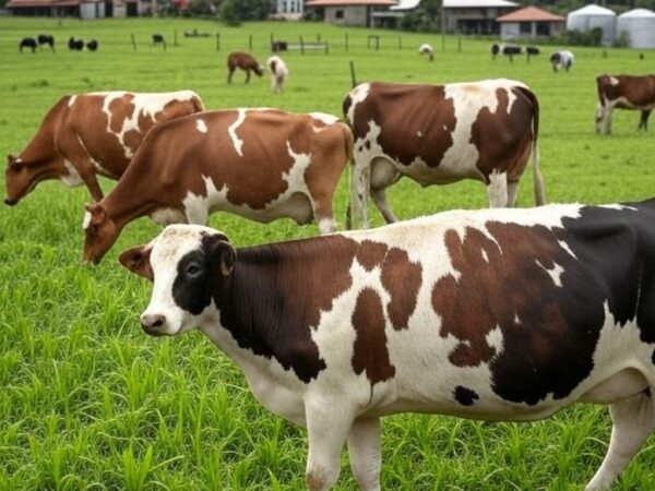 Fazenda leiteira no RS com vacas pastando e tanques de leite, ilustrando indignação de produtores com corte de preços por litro.