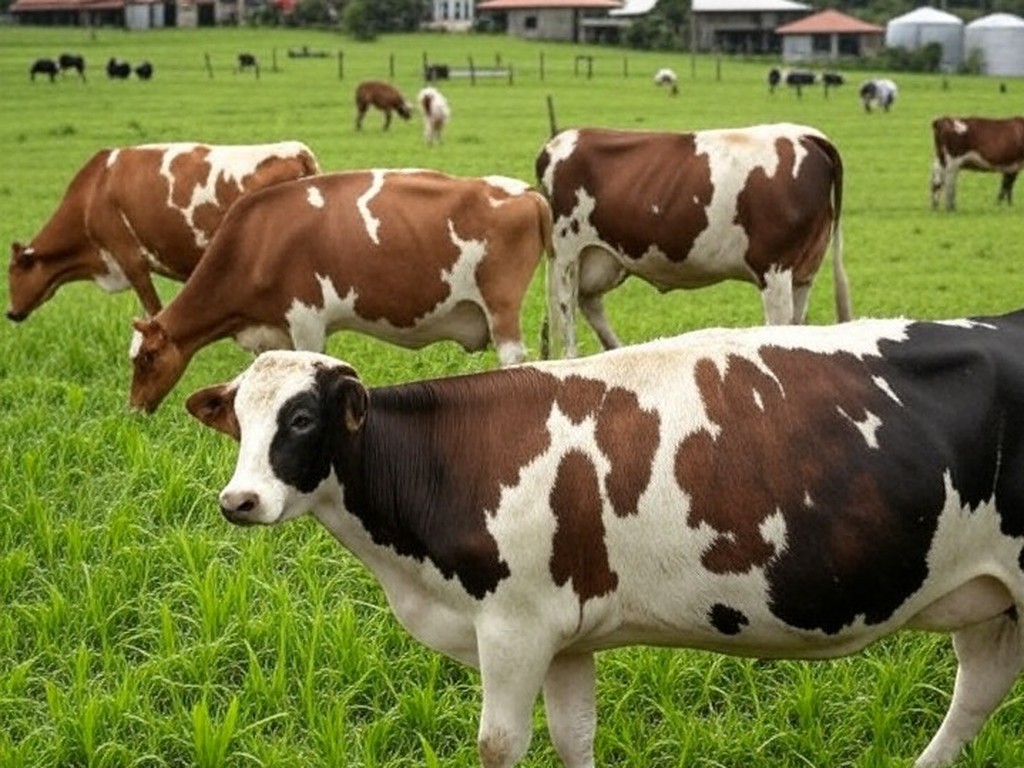 Fazenda leiteira no RS com vacas pastando e tanques de leite, ilustrando indignação de produtores com corte de preços por litro.