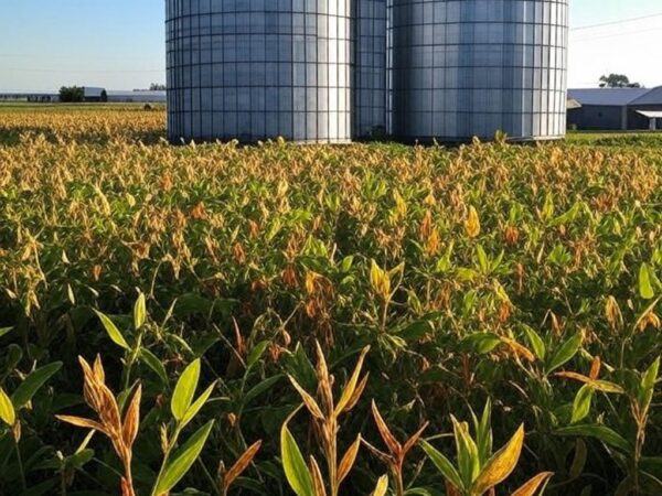 Silos de armazenagem de soja e milho em fazenda no Brasil, destacando riscos na conservação de grãos.