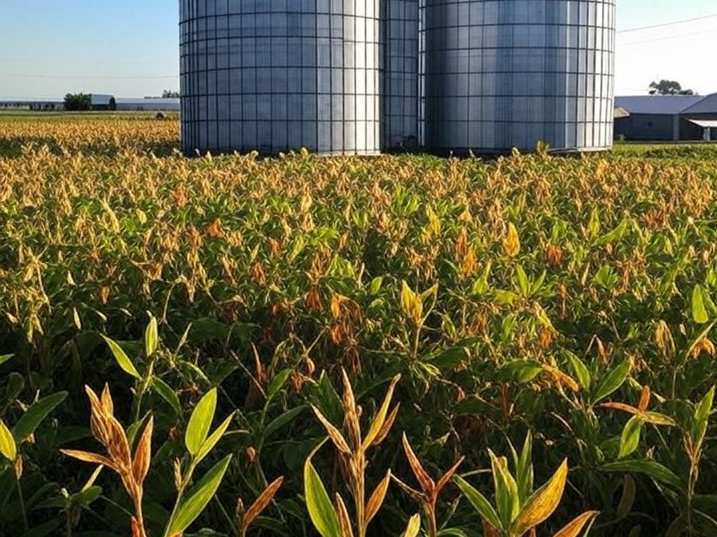 Silos de armazenagem de soja e milho em fazenda no Brasil, destacando riscos na conservação de grãos.