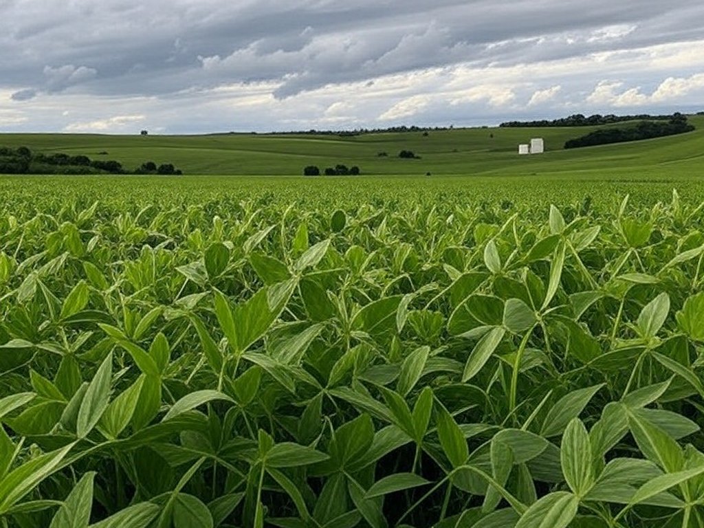 Plantação de soja no Brasil sob céu nublado, ilustrando riscos climáticos no plantio para o painel Zarc do Ministério da Agricultura.