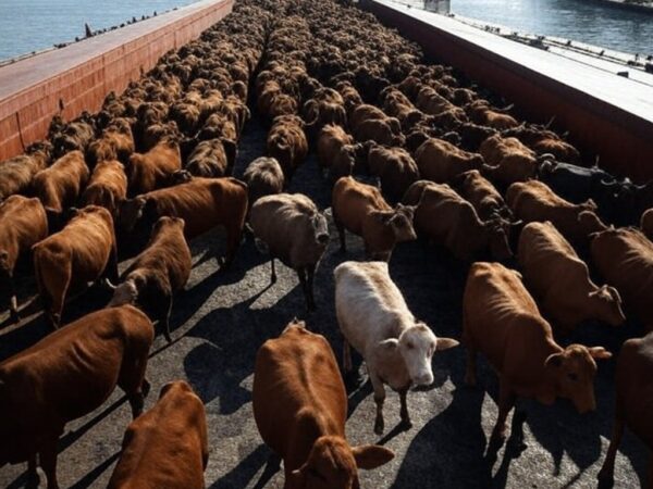 Rebanho de bovinos vivos em embarque para exportação em porto brasileiro, recorde histórico de janeiro.