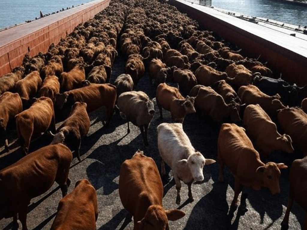 Rebanho de bovinos vivos em embarque para exportação em porto brasileiro, recorde histórico de janeiro.