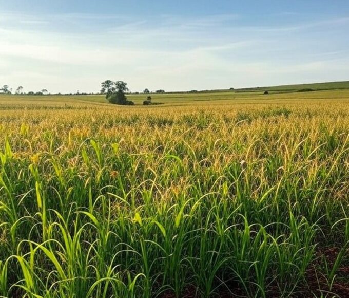 Campo de grãos em Rancharia, SP, com detecção de caruru-palmeri invasor entre as plantações.