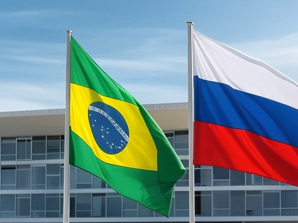 Bandeiras do Brasil e da Rússia em frente ao Palácio do Planalto, representando fortalecimento de laços econômicos Brasil-Rússia.