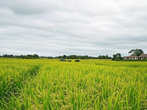 Campos de arroz no Rio Grande do Sul com colheita lenta, afetando o mercado brasileiro.