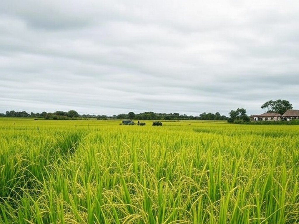 Campos de arroz no Rio Grande do Sul com colheita lenta, afetando o mercado brasileiro.