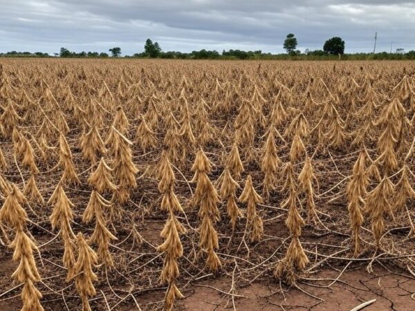 Lavoura de soja devastada pela estiagem no noroeste do Rio Grande do Sul, com plantas secas e solo rachado.