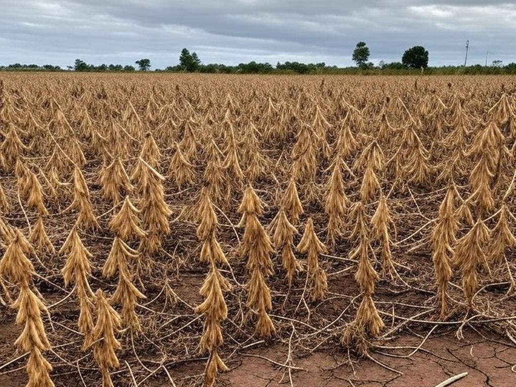 Lavoura de soja devastada pela estiagem no noroeste do Rio Grande do Sul, com plantas secas e solo rachado.