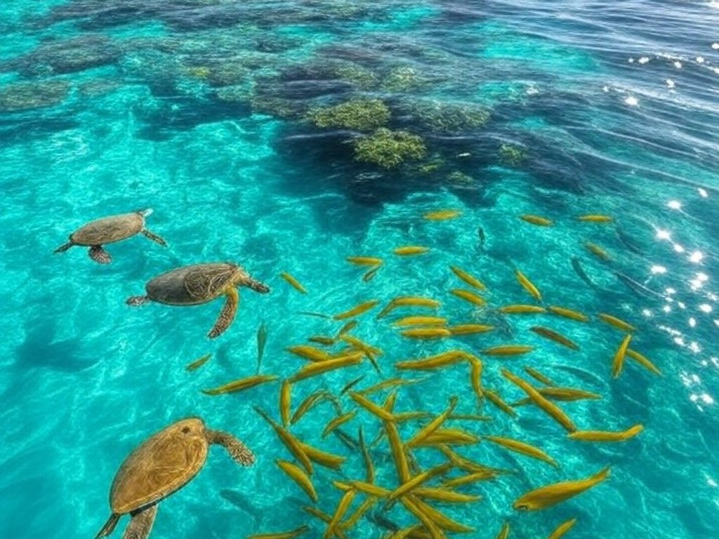 Vista da Amazônia Azul com oceano azul, recifes de coral e biodiversidade marinha sustentável na costa brasileira.