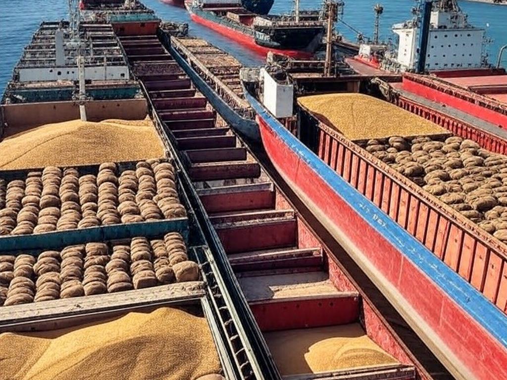 Porto brasileiro com navios cargueiros carregando exportações de grãos como soja e milho.