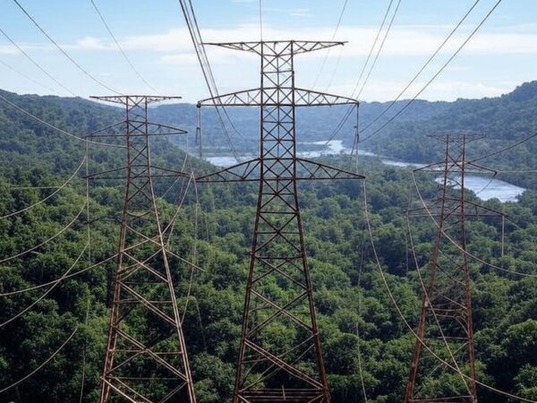Torres de transmissão na floresta amazônica representando o Programa Energias da Amazônia com interligações ao SIN, beneficiando 500 mil consumidores.