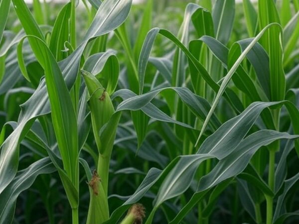 Plantação de milho no Cerrado brasileiro ameaçada por percevejo-barriga-verde, com folhas e espigas danificadas.