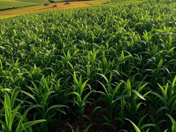 Paisagem rural brasileira com campos de cultivo e fazenda, simbolizando a Sociedade Rural Brasileira.