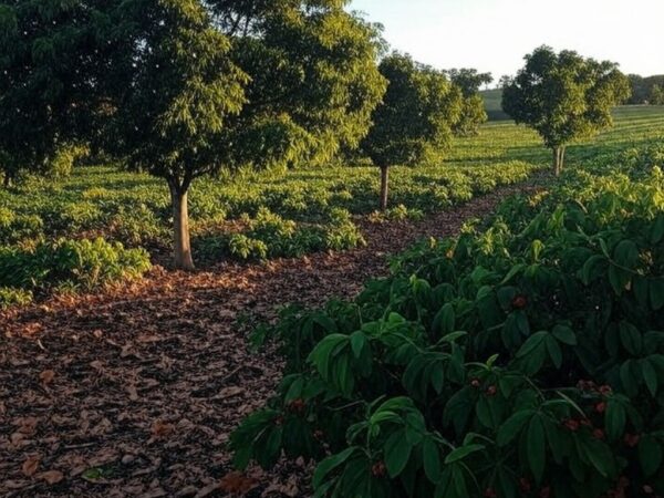 Plantação de noz-pecã no sul do Brasil, árvores carregadas de frutos em paisagem rural, estimativa de safra para 2026.