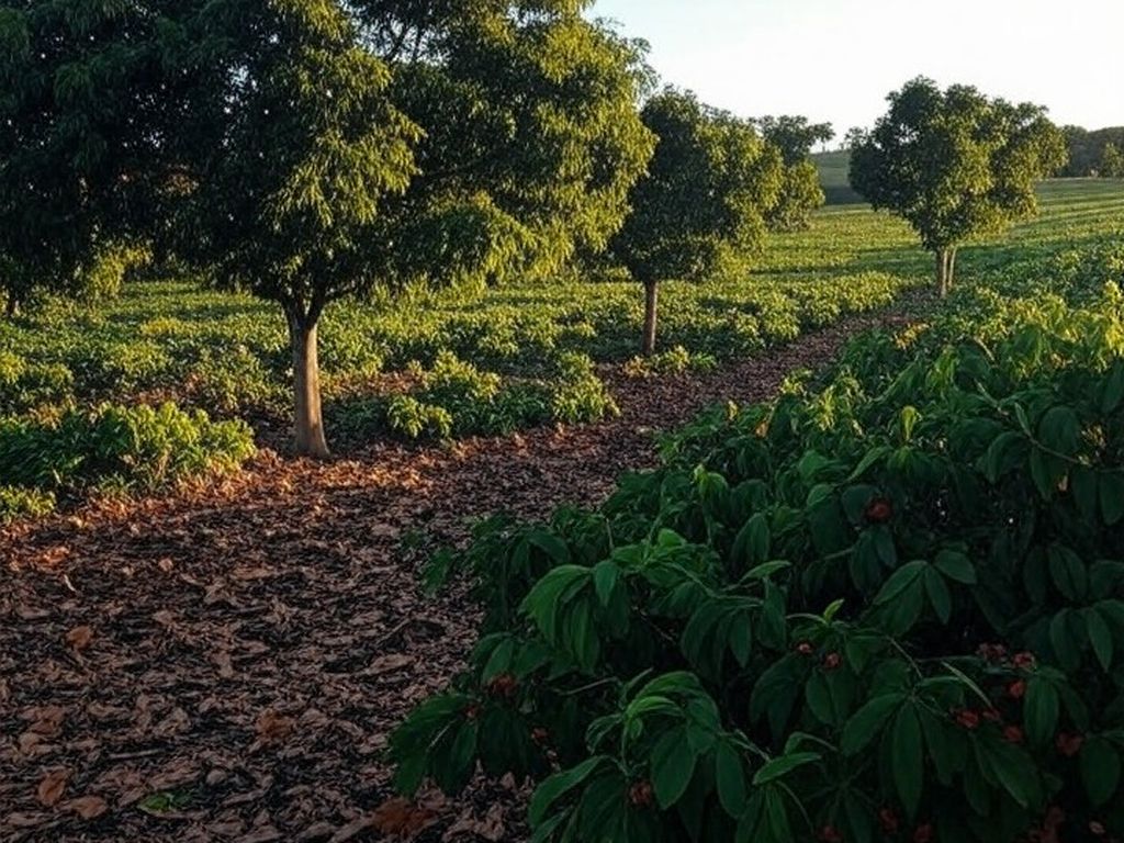 Plantação de noz-pecã no sul do Brasil, árvores carregadas de frutos em paisagem rural, estimativa de safra para 2026.