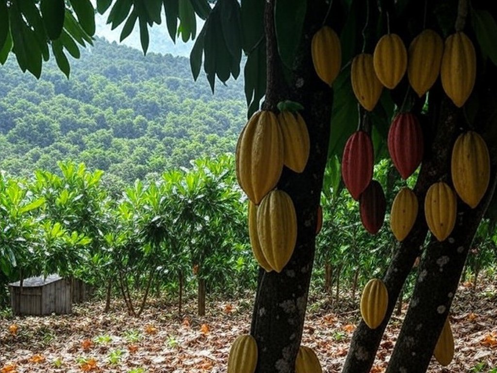 Plantação de cacau no sul da Bahia, Brasil, representando pressão de produtores por suspensão de importações após queda de 65% nos preços.
