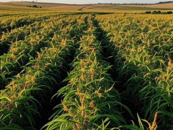 Paisagem rural no Paraná com campos de cultivo e linhas de energia elétrica, representando produtores rurais e Copel.