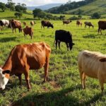 Fazenda de pecuária leiteira brasileira com vacas pastando em campos verdes, ilustrando estudo sobre menor emissão de gases.
