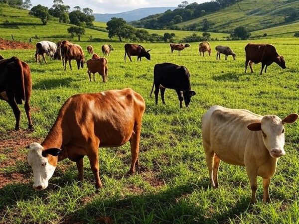 Fazenda de pecuária leiteira brasileira com vacas pastando em campos verdes, ilustrando estudo sobre menor emissão de gases.