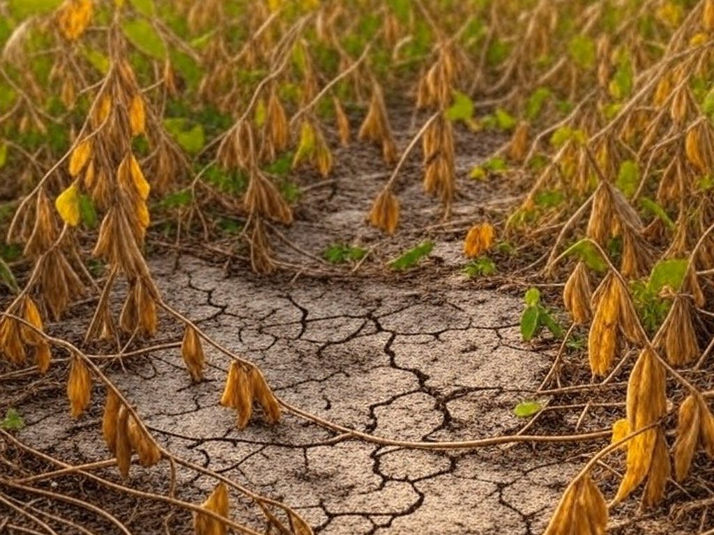 Plantação de soja afetada pela seca no Brasil, com solo rachado e plantas murchas.