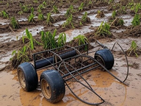 Plantação rural em Guaratuba danificada por eventos climáticos, com prédio judicial ao fundo, representando suspensão de dívidas de produtor.