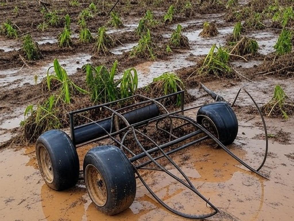 Plantação rural em Guaratuba danificada por eventos climáticos, com prédio judicial ao fundo, representando suspensão de dívidas de produtor.