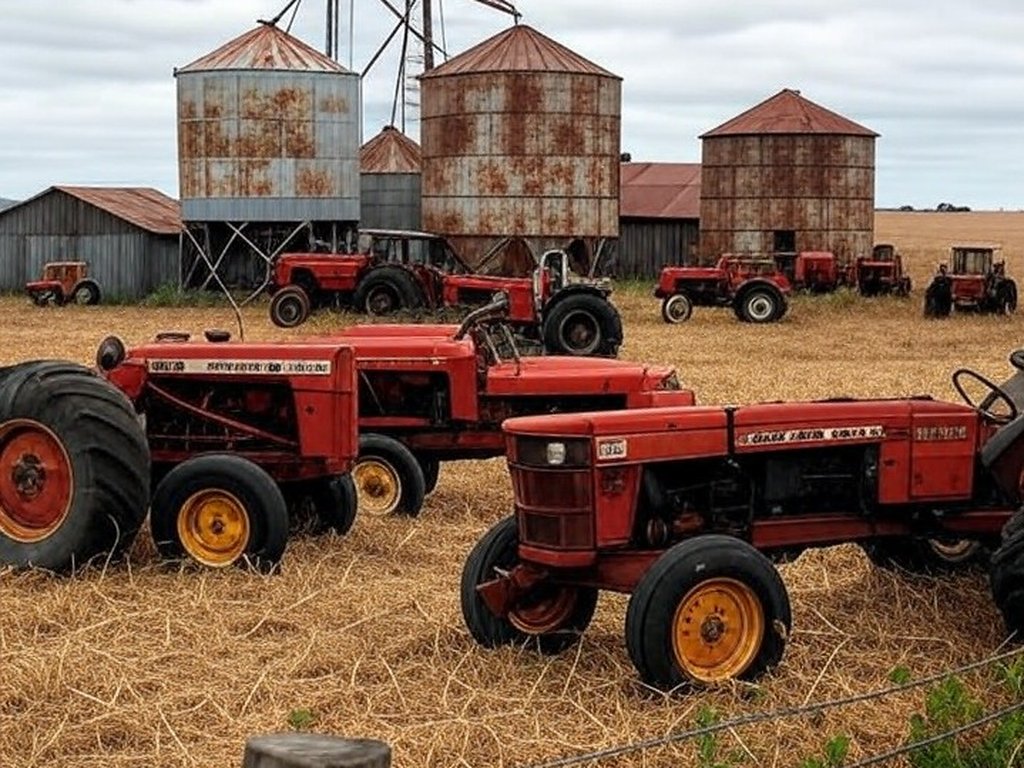 Fazenda abandonada no Brasil com silos enferrujados e campos secos, ilustrando falências agrícolas.