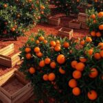 Pomar de laranjeiras em São Paulo com frutas maduras e caixas de safra, representando ajuste na produção de laranja para 2025/26.