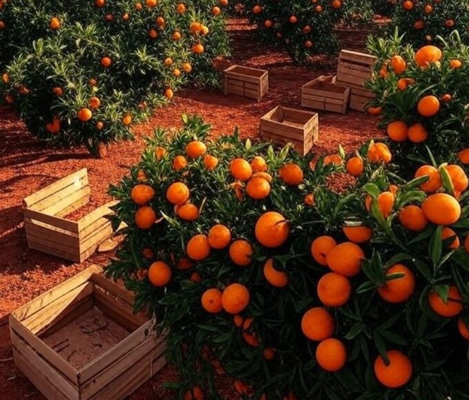 Pomar de laranjeiras em São Paulo com frutas maduras e caixas de safra, representando ajuste na produção de laranja para 2025/26.