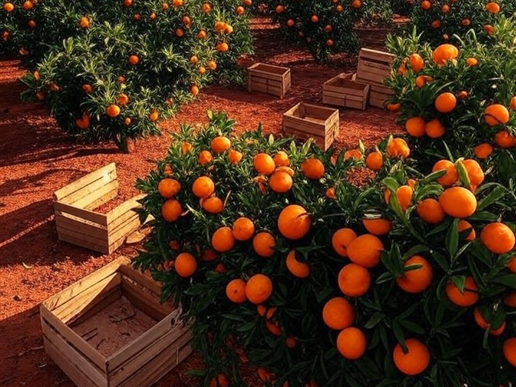 Pomar de laranjeiras em São Paulo com frutas maduras e caixas de safra, representando ajuste na produção de laranja para 2025/26.
