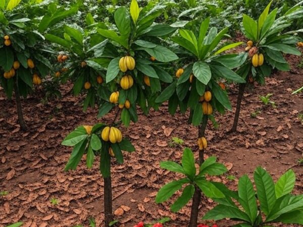 Plantação de cacau no Pará, com árvores e frutos, representando desafios do agro paraense.