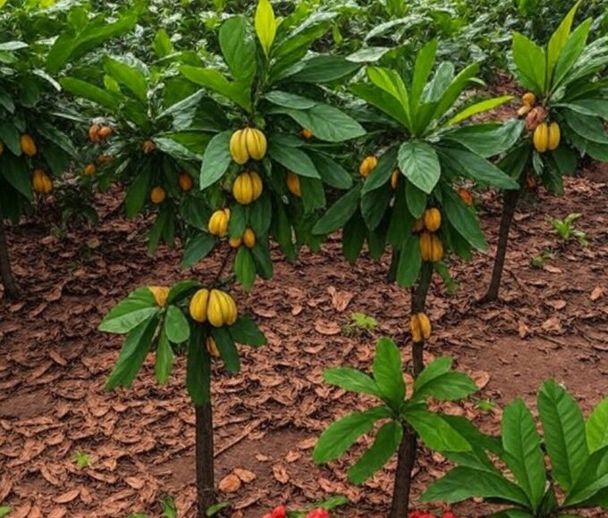 Plantação de cacau no Pará, com árvores e frutos, representando desafios do agro paraense.