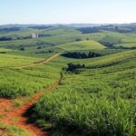 Plantação de cana-de-açúcar no Brasil, ilustrando safra agrícola e lucro no setor.