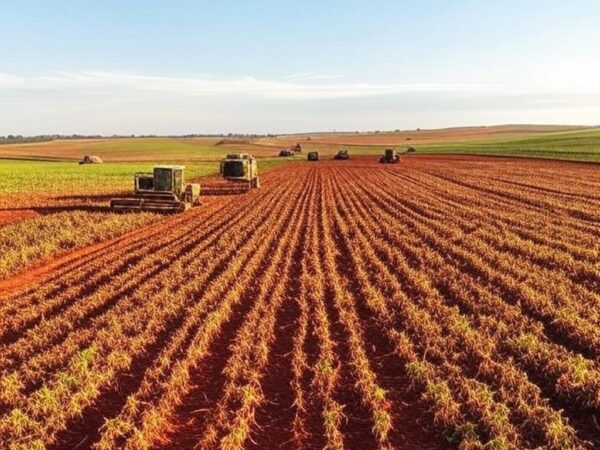 Plantação de soja em colheita em Mato Grosso, liderando produção nacional a 27,3%.