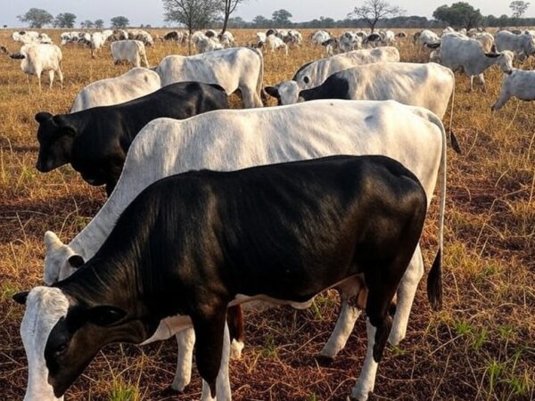 Rebanho de gado Nelore Pintado em fazenda brasileira, destacando desempenho produtivo na pecuária.