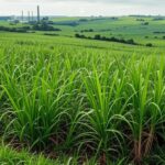 Plantação de cana-de-açúcar no Brasil com usina ao fundo, ilustrando setor açucareiro e desafios econômicos como prejuízos e fixação de preços.