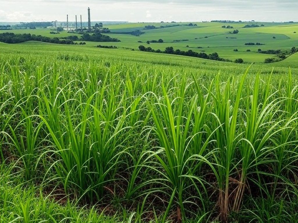 Plantação de cana-de-açúcar no Brasil com usina ao fundo, ilustrando setor açucareiro e desafios econômicos como prejuízos e fixação de preços.