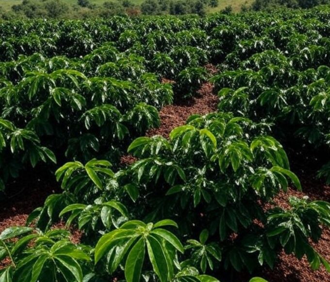 Plantação de café em Minas Gerais com solos em recuperação pela Emater-MG, vista ampla de cafezais saudáveis.